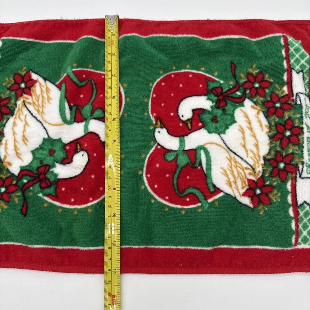 Vintage Christmas Goose Kitchen Hand Towel Festive Cottage Red Green